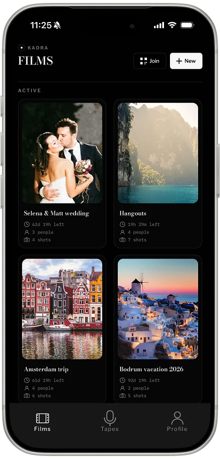 Kadra home screen — active films